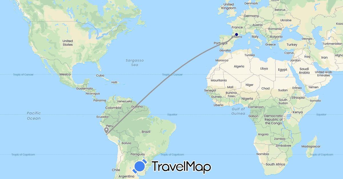 TravelMap itinerary: driving, plane in Spain, France, Peru (Europe, South America)