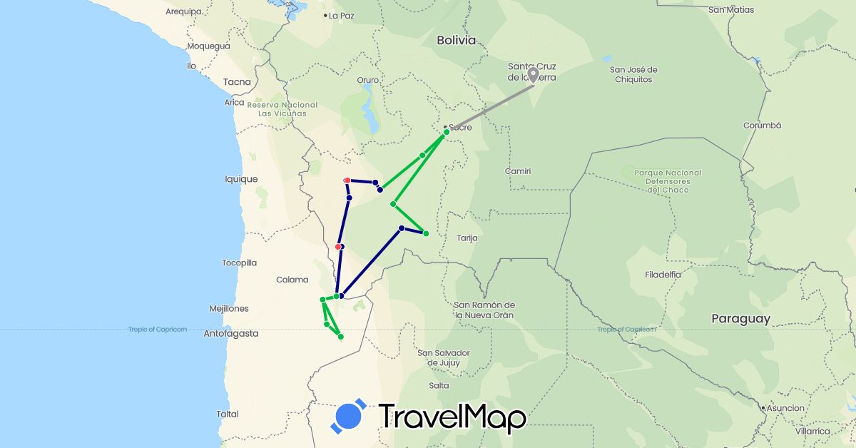 TravelMap itinerary: driving, bus, plane, hiking in Bolivia, Chile (South America)